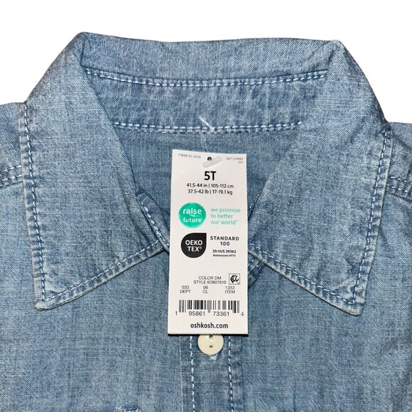 🍁3/$10 OshKosh B’gosh Boys 5T Light Blue Chambray Button Down Shirt Short Sleeve - Picture 9 of 10